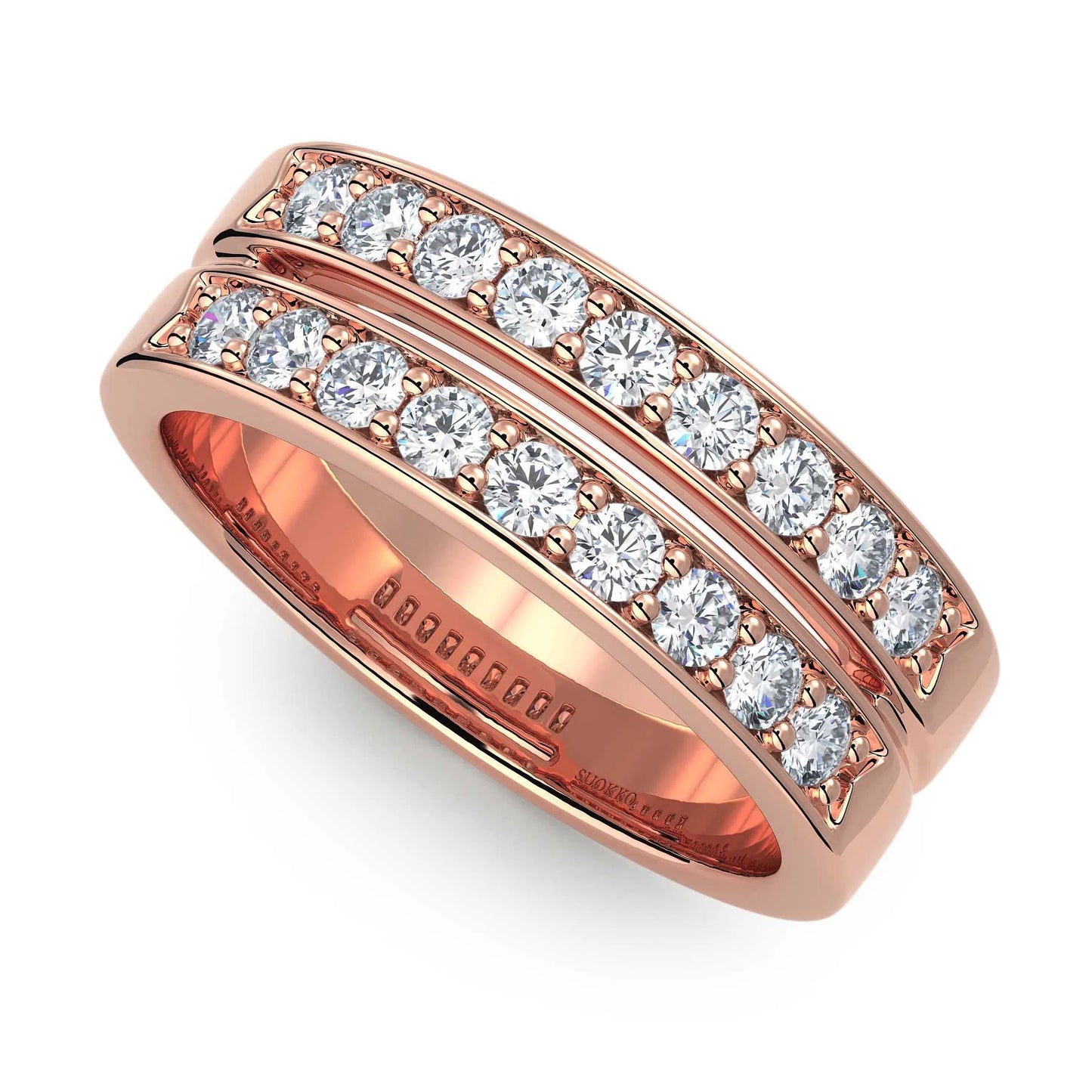 Suokko Timanttikorut -timanttisormus rosakultaa, jossa istutettuna 18 timanttia. Tuotekoodi KR09134