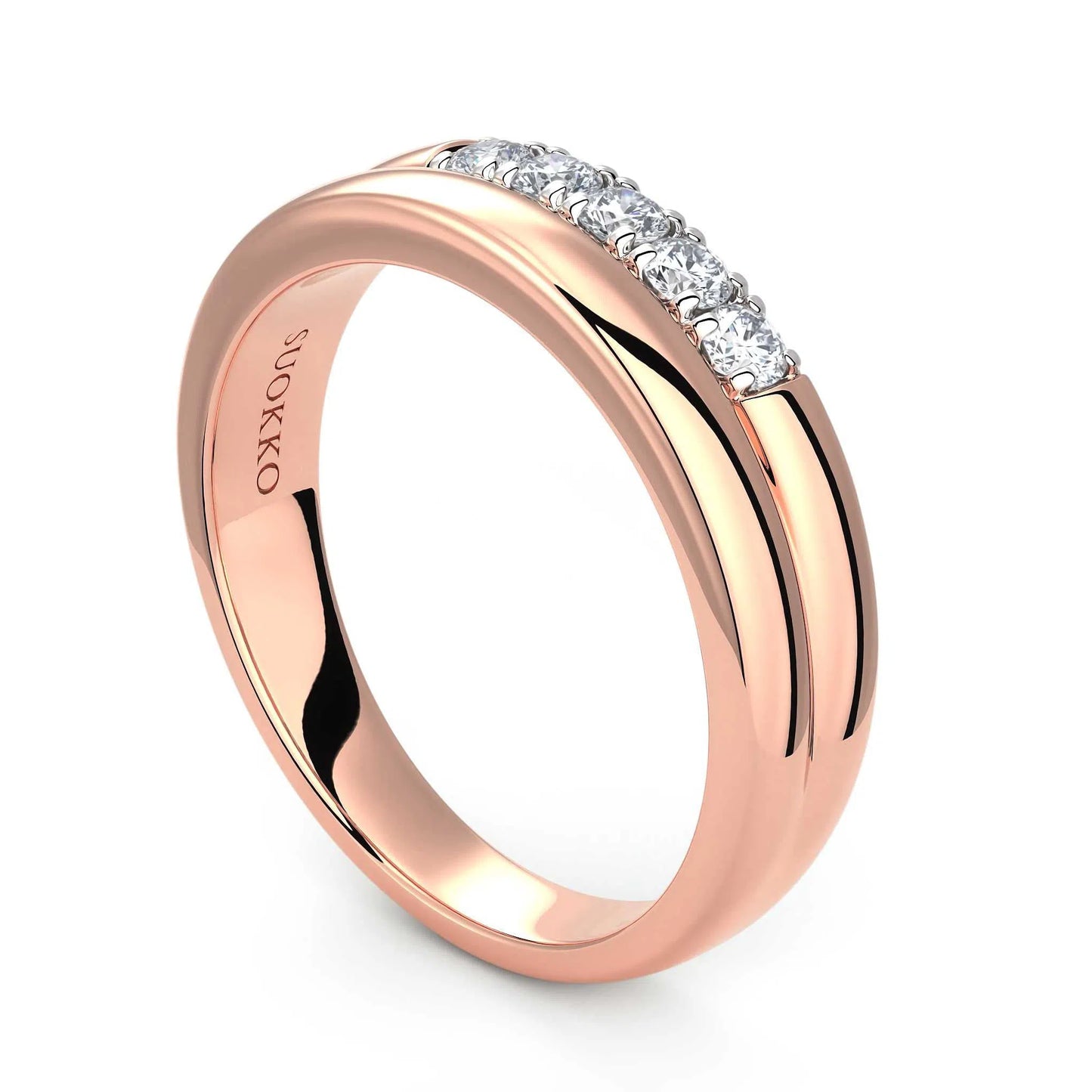 Suokko Timanttikorut -timanttisormus rosakultaa, jossa istutettuna 5 timanttia. Tuotekoodi KR09136