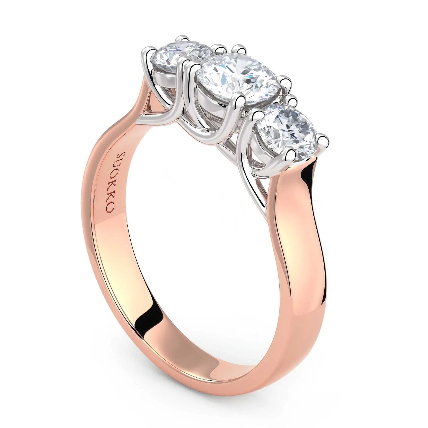 Suokko Timanttikorut -timanttisormus rosakultaa, jossa istutettuna 3 timanttia. Tuotekoodi KR09157BR45