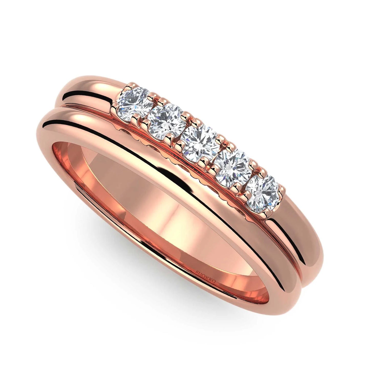 Suokko Timanttikorut -timanttisormus rosakultaa, jossa istutettuna 5 timanttia. Tuotekoodi KR09162