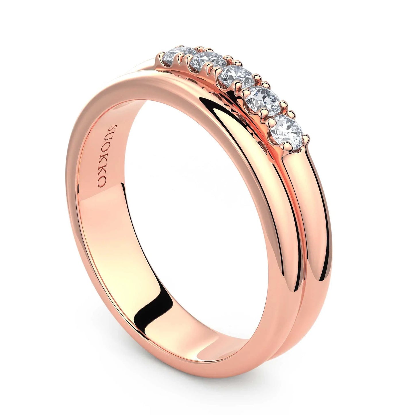 Suokko Timanttikorut -timanttisormus rosakultaa, jossa istutettuna 5 timanttia. Tuotekoodi KR09162