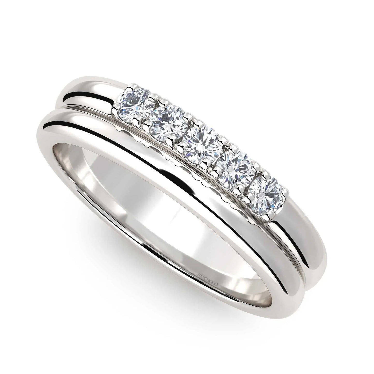 Suokko Timanttikorut -timanttisormus valkokultaa, jossa istutettuna 5 timanttia. Tuotekoodi KR09162