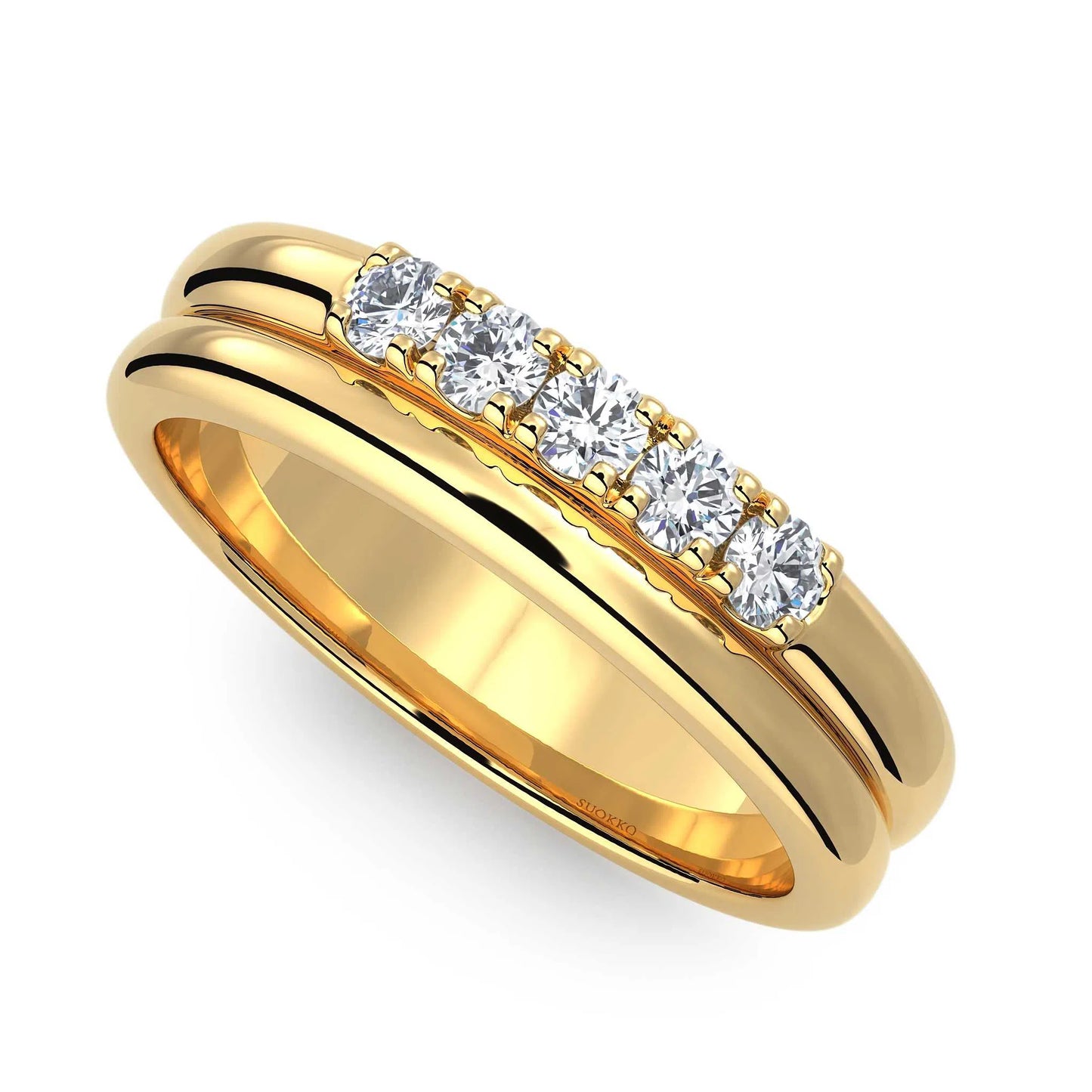 Suokko Timanttikorut -timanttisormus keltakultaa, jossa istutettuna 5 timanttia. Tuotekoodi KR09162