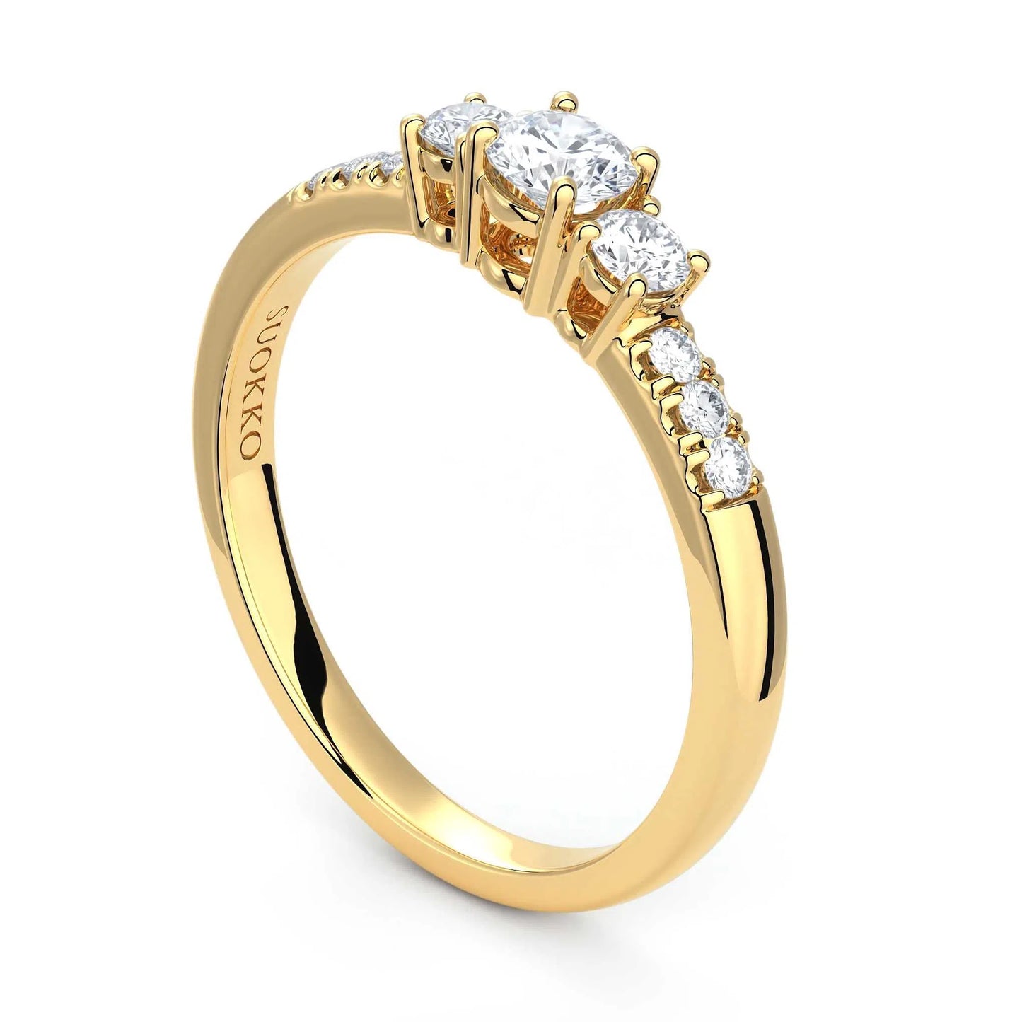 Suokko Timanttikorut -timanttisormus keltakultaa, jossa istutettuna 9 timanttia. Tuotekoodi KR14459BR20