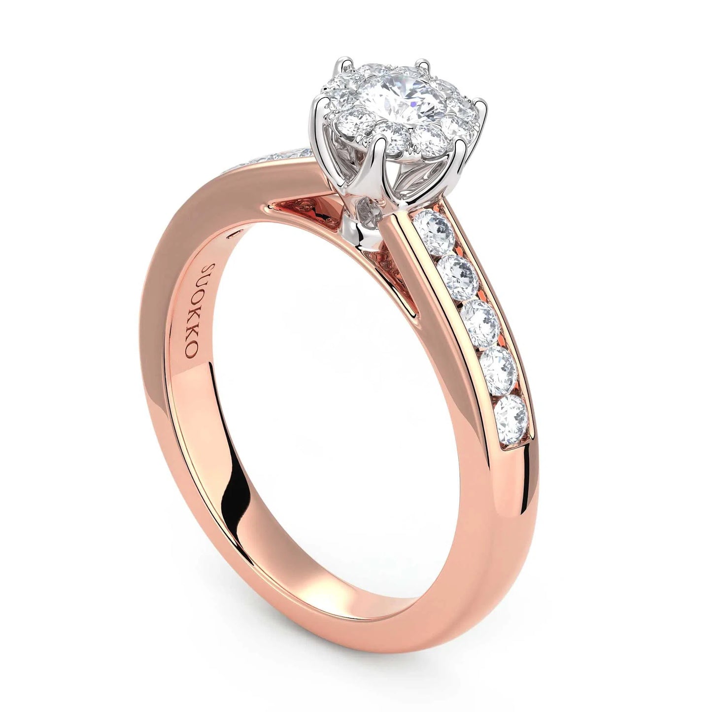 Suokko Timanttikorut -timanttisormus rosakultaa, jossa istutettuna 21 timanttia. Tuotekoodi KR14686A1