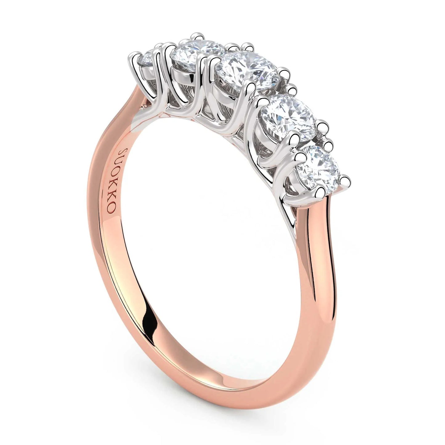 Suokko Timanttikorut -timanttisormus rosakultaa, jossa istutettuna 5 timanttia. Tuotekoodi KR18445BR20