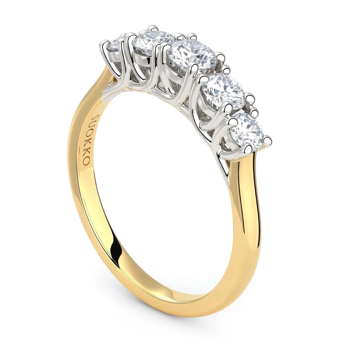 Suokko Timanttikorut -timanttisormus keltakultaa, jossa istutettuna 5 timanttia. Tuotekoodi KR18445BR20