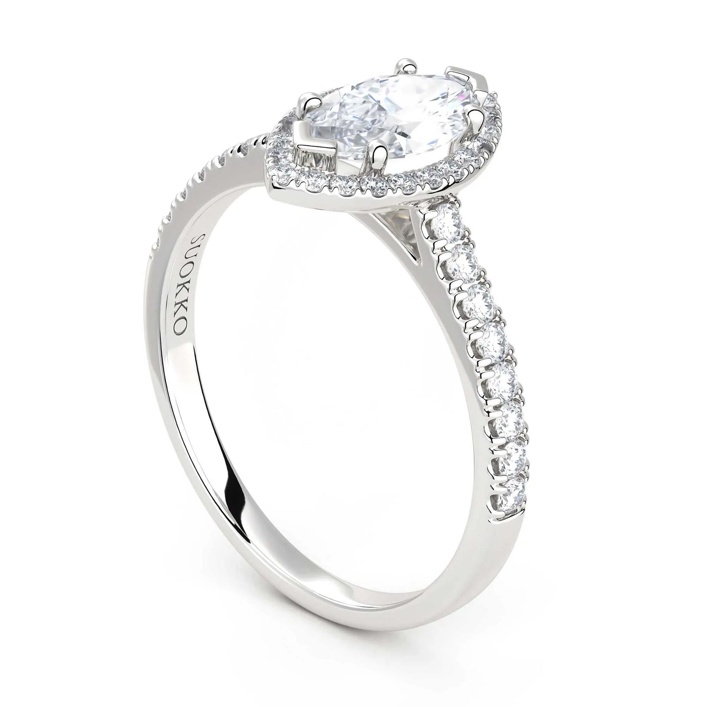 Suokko Timanttikorut -timanttisormus valkokultaa, jossa istutettuna 39 timanttia. Tuotekoodi KR18719MQ9X4.5