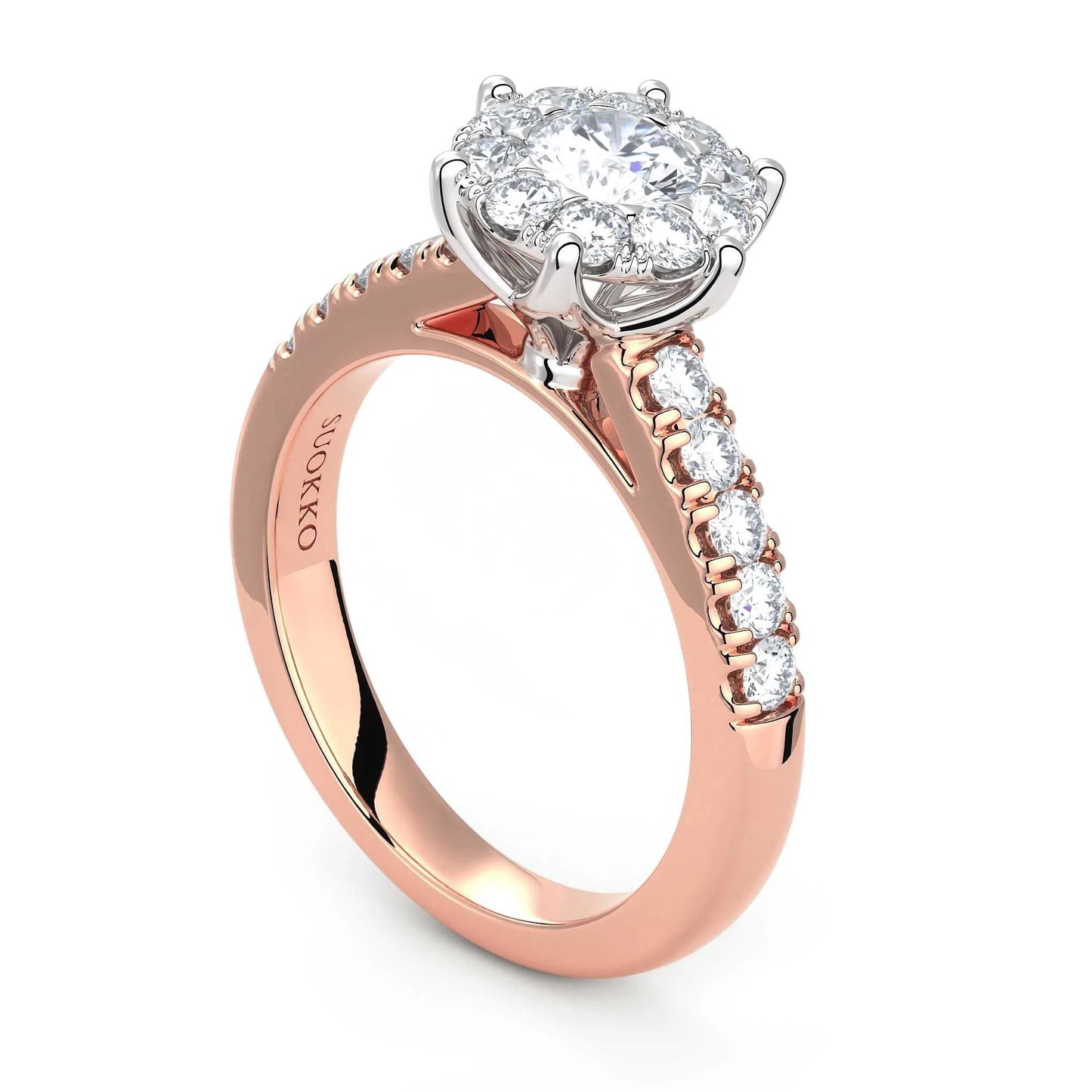 Suokko Timanttikorut -timanttisormus rosakultaa, jossa istutettuna 21 timanttia. Tuotekoodi KR19106