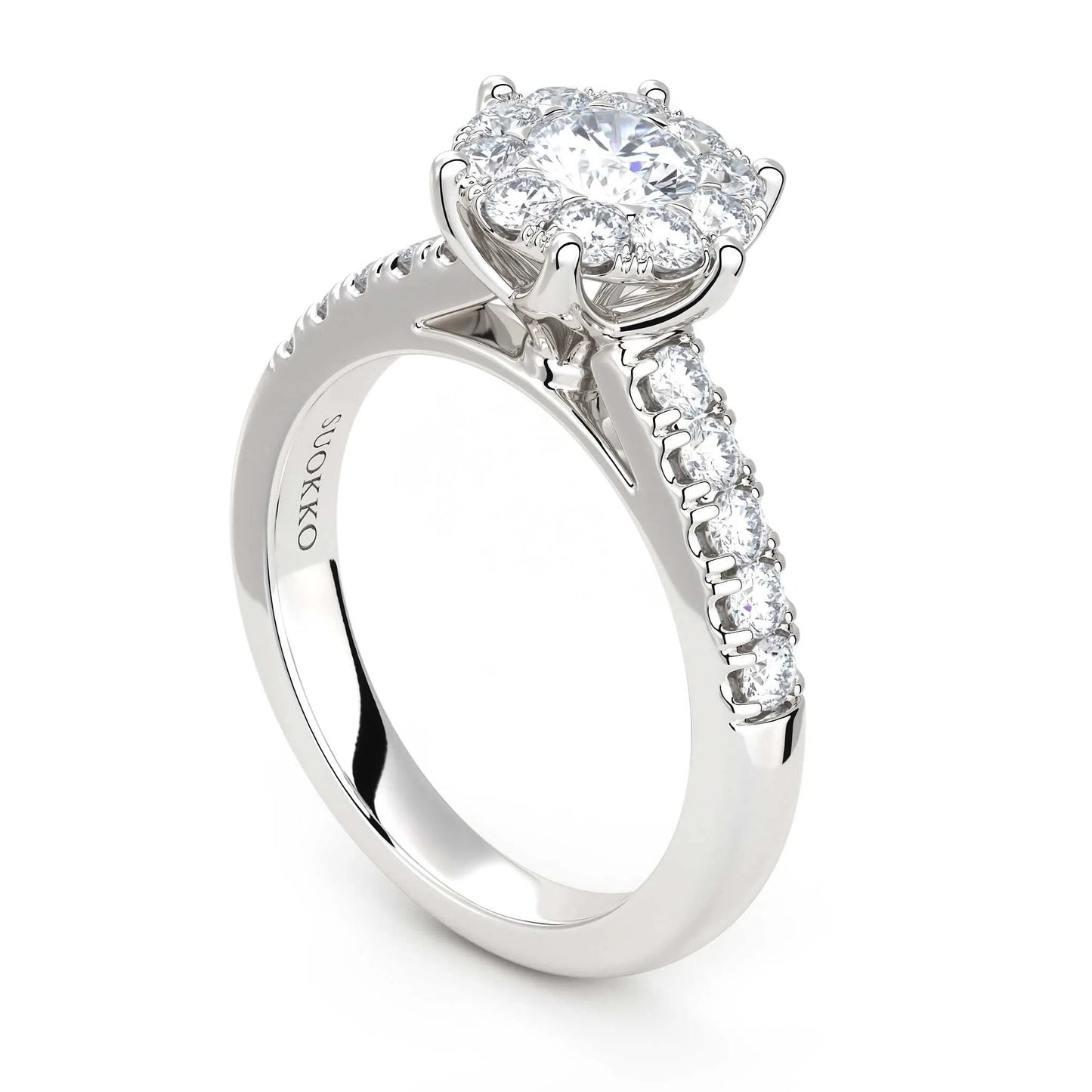 Suokko Timanttikorut -timanttisormus valkokultaa, jossa istutettuna 21 timanttia. Tuotekoodi KR19106