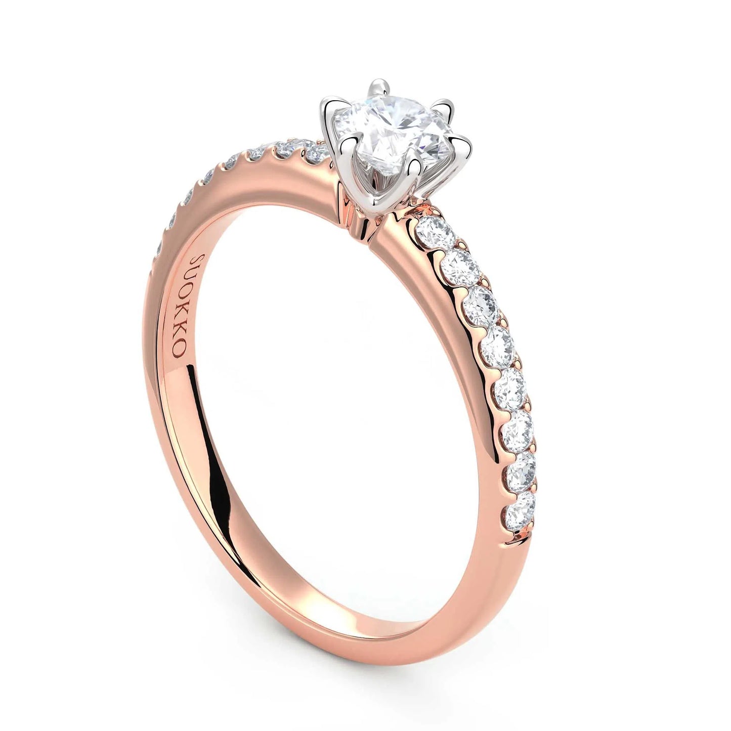 Suokko Timanttikorut -timanttisormus rosakultaa, jossa istutettuna 17 timanttia. Tuotekoodi KR19389BR30