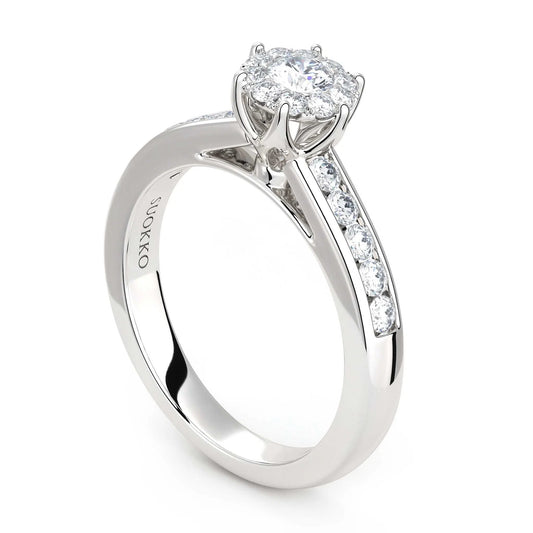 Suokko Timanttikorut -timanttisormus valkokultaa, jossa istutettuna 21 timanttia. Tuotekoodi KR14686A1