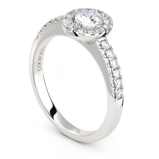 Suokko Timanttikorut -timanttisormus valkokultaa, jossa istutettuna 27 timanttia. Tuotekoodi KR18268BR30