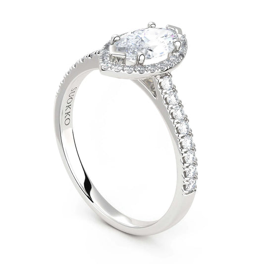 Suokko Timanttikorut -timanttisormus valkokultaa, jossa istutettuna 39 timanttia. Tuotekoodi KR18719MQ9X4.5