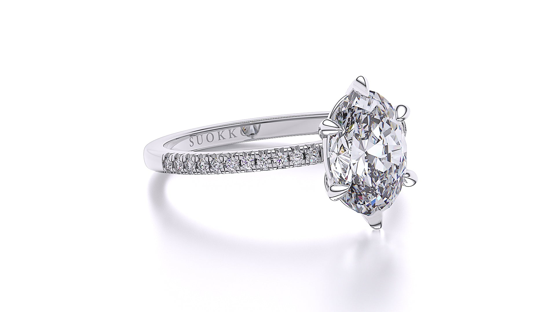 Suokko Timanttikorut -timanttisormus valkokultaa, jossa istutettuna 23 timanttia. Tuotekoodi SR008OV200
